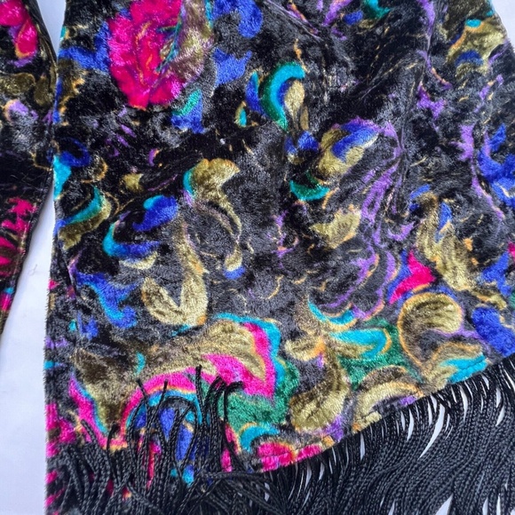 Scarf Emanuel Geraldo Velvet Black Pink Purple Shimmering Fringe Made in Canada - Picture 2 of 6